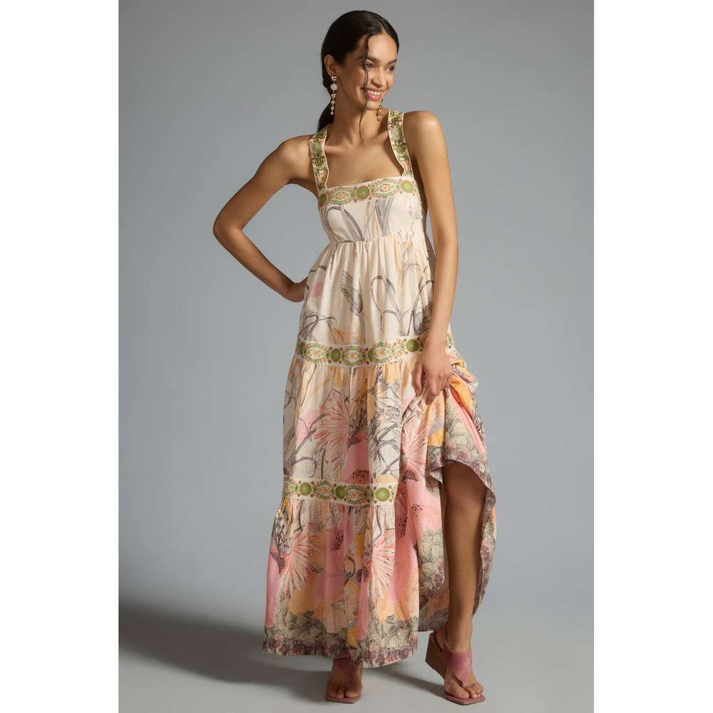 Anthropologie Floral Tiered Maxi Dress Pink Orange Embroidered Straps XS